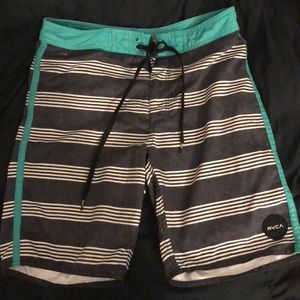 Striped, green trimmed, RVCA board shorts